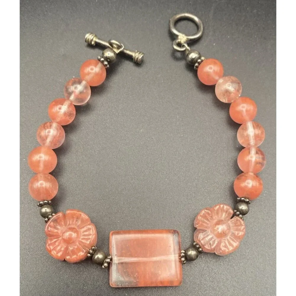 Strawberry Pink Quartz Bracelet Glass Flower Bead Sterling Silver Toggle 8" Boho - Picture 2 of 9